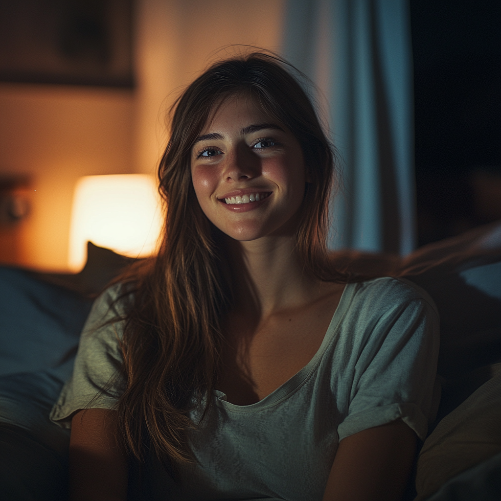 Eine lächelnde Frau in ihrem Schlafzimmer | Quelle: Midjourney