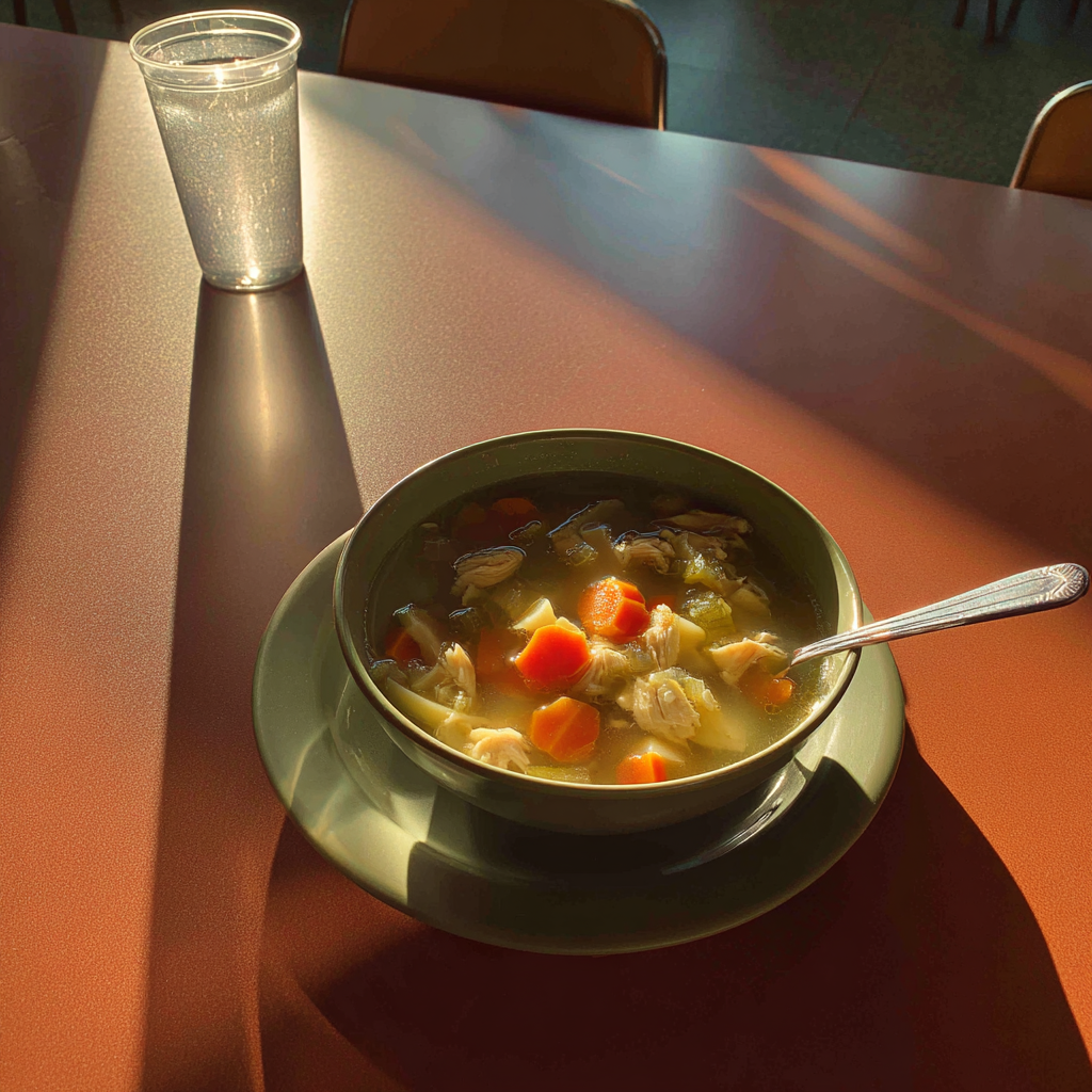 Eine Schüssel mit Hühnersuppe auf einem Tisch | Quelle: Midjourney