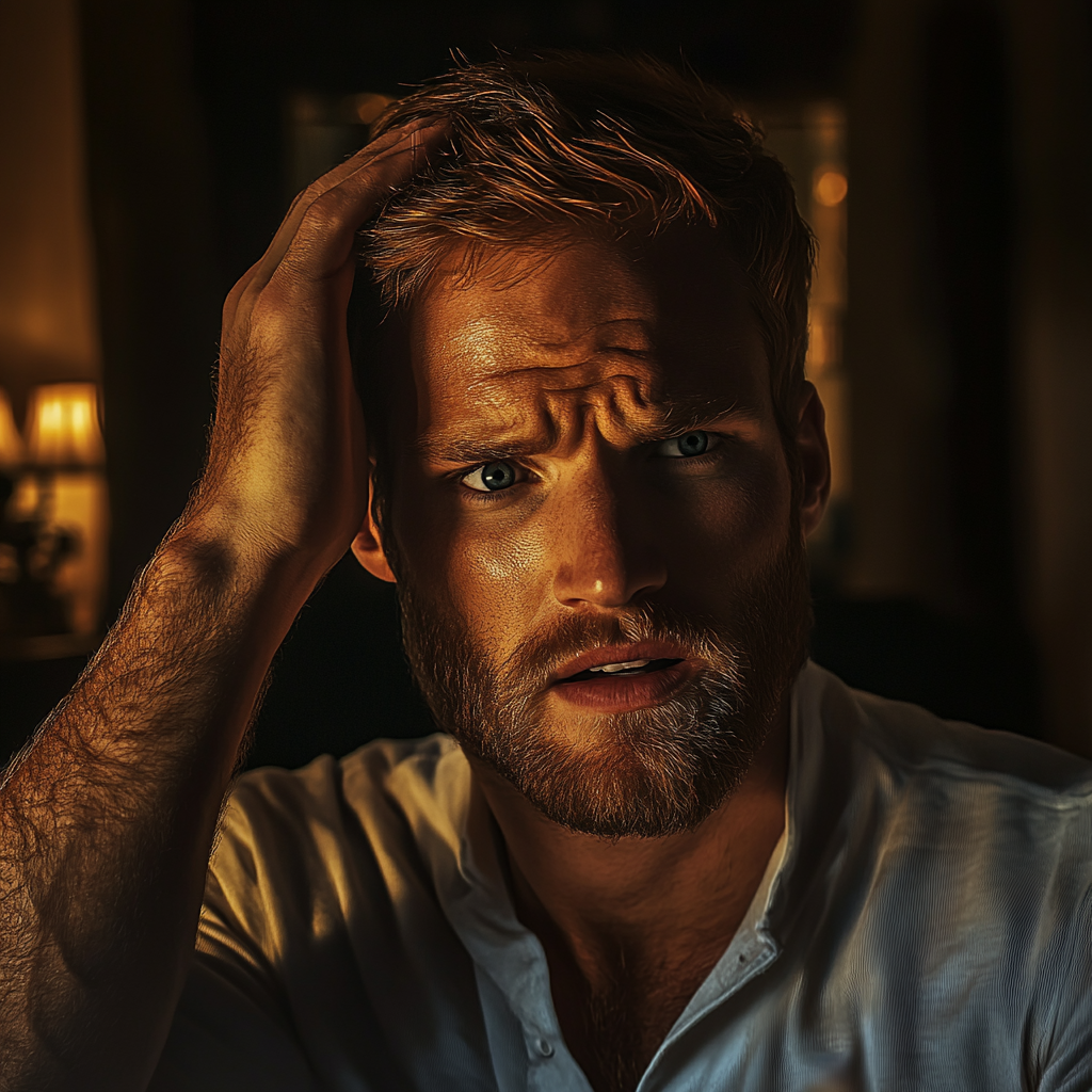Oszołomiony i winny mężczyzna patrzący na kogoś | Źródło: Midjourney