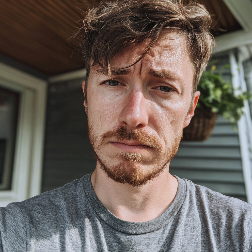 Ein emotionaler Mann, der auf einer Veranda steht | Quelle: Midjourney