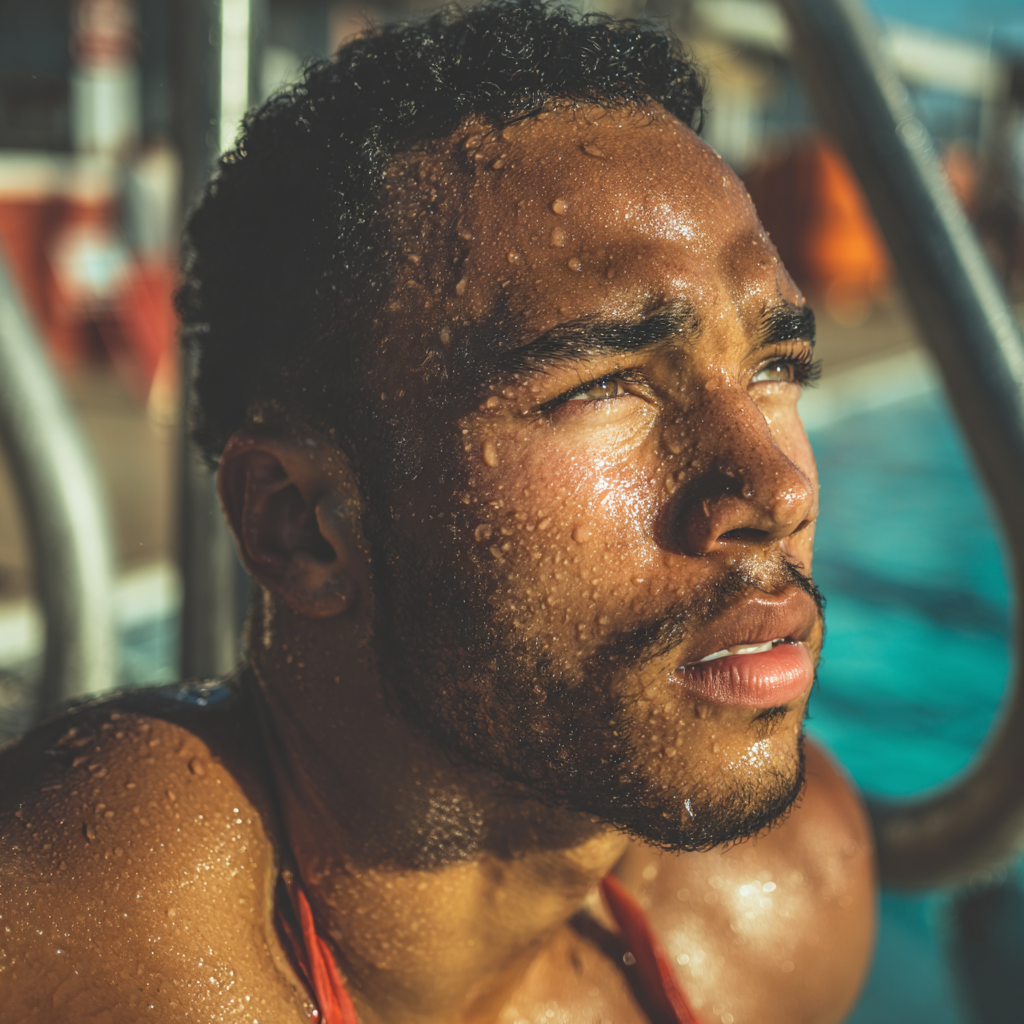 Eine Nahaufnahme eines besorgten und besorgten Rettungsschwimmers | Quelle: Midjourney