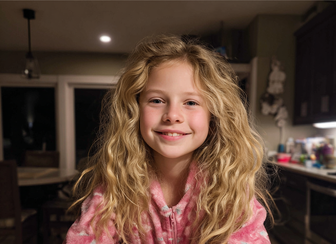 Ein lächelndes kleines Mädchen lehnt an einem Tresen | Quelle: Midjourney