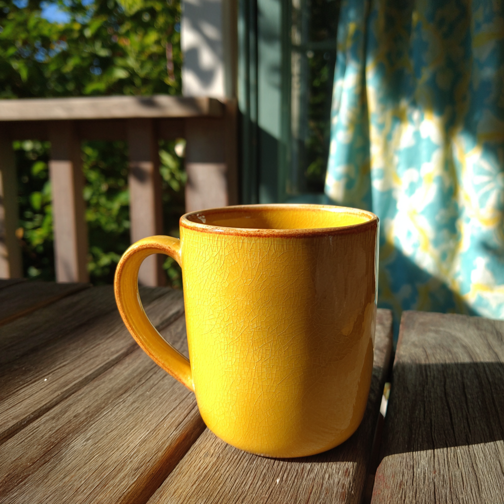 Ein gelber Becher auf einem Verandatisch | Quelle: Midjourney