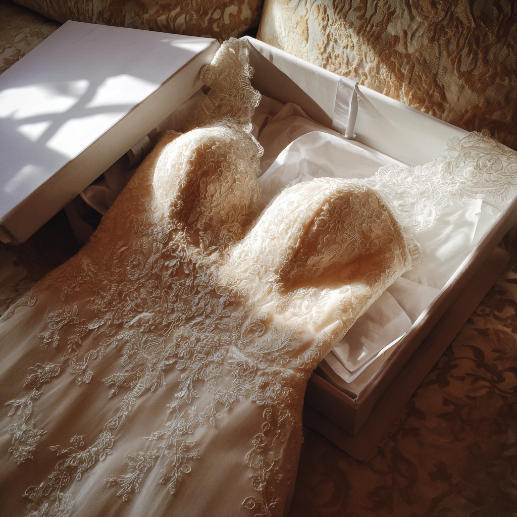 Ein Hochzeitskleid, das auf einer Kiste liegt | Quelle: Midjourney