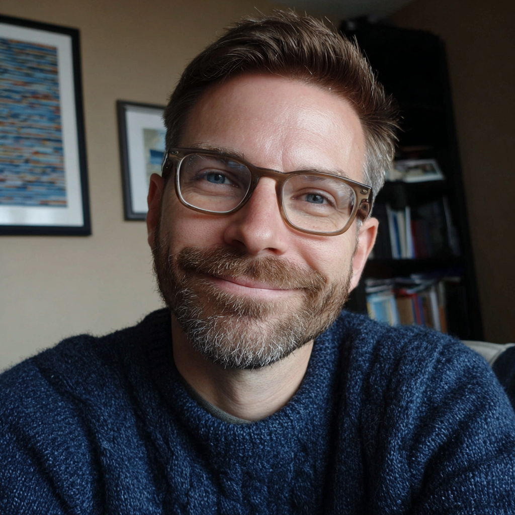 Ein lächelnder Mann, der einen blauen Pullover trägt | Quelle: Midjourney