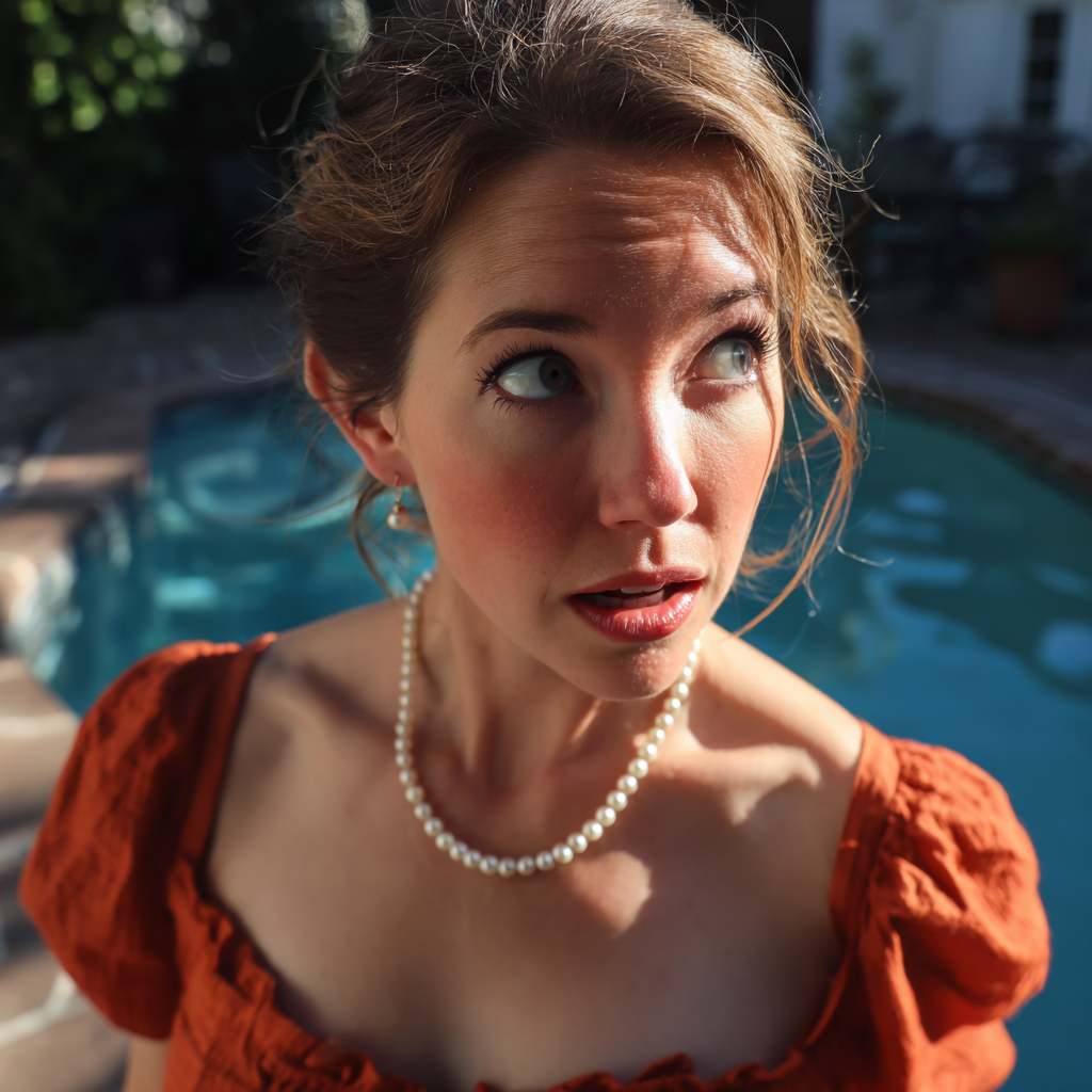 Eine erschrockene Frau an einem Pool | Quelle: Midjourney