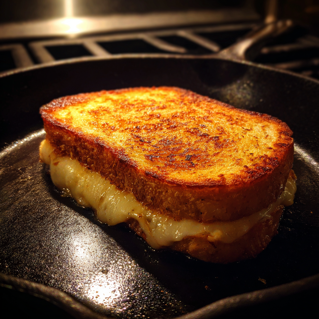 Ein gegrilltes Käsesandwich in einer Pfanne | Quelle: Midjourney