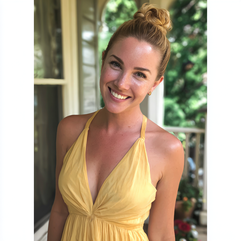 Eine lächelnde Frau in einem gelben Kleid | Quelle: Midjourney