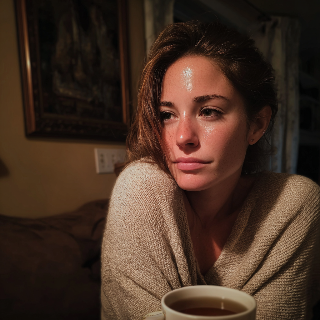 Eine Frau sitzt auf einer Couch mit einer Tasse Tee | Quelle: Midjourney
