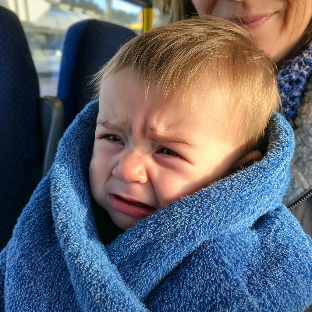 Ein aufgeregter kleiner Junge, eingewickelt in eine blaue Decke | Quelle: Midjourney