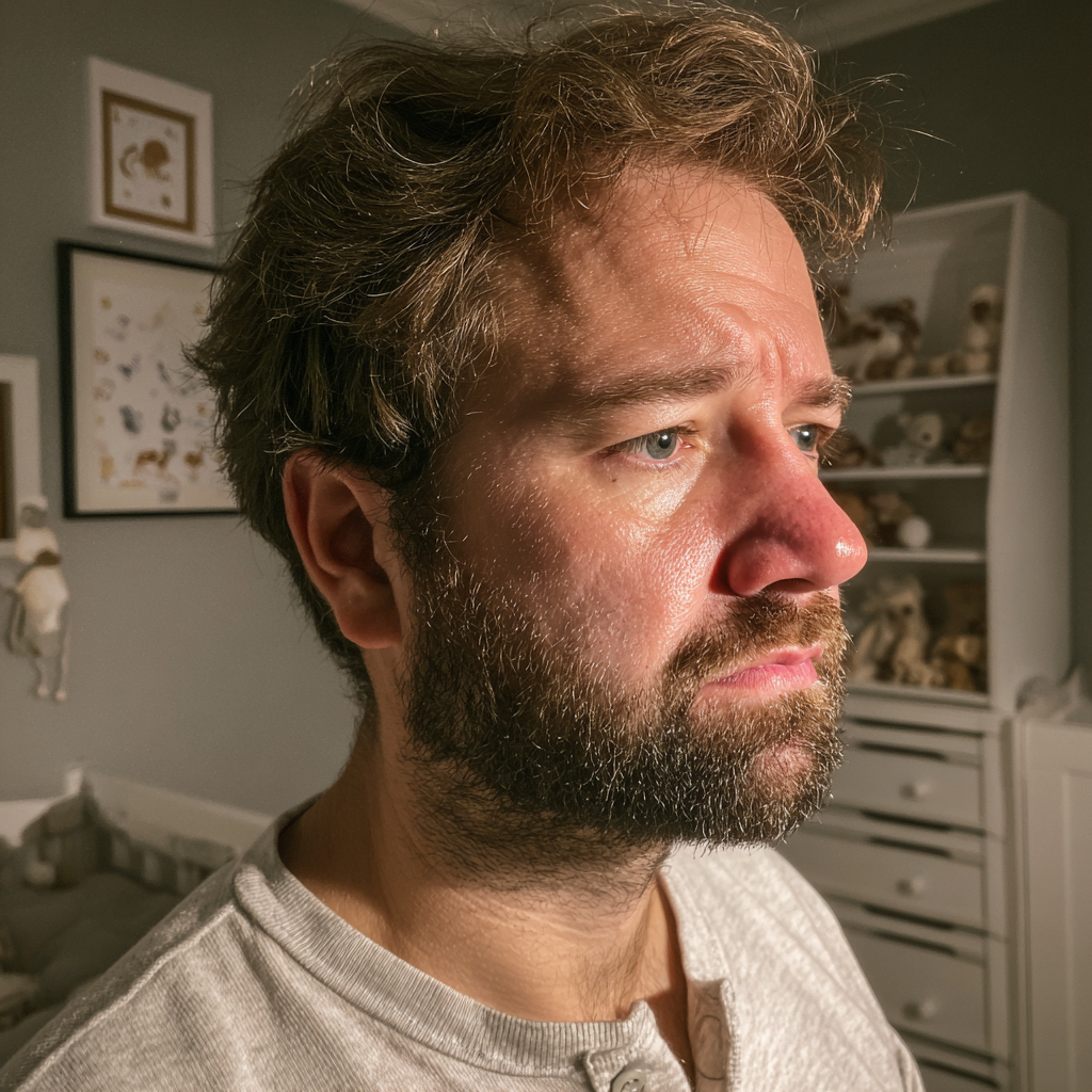 Ein emotionaler Mann, der in einem Kinderzimmer steht | Quelle: Midjourney