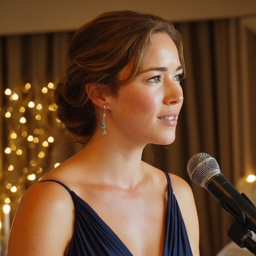 Eine Frau steht an einem Mikrofon | Quelle: Midjourney