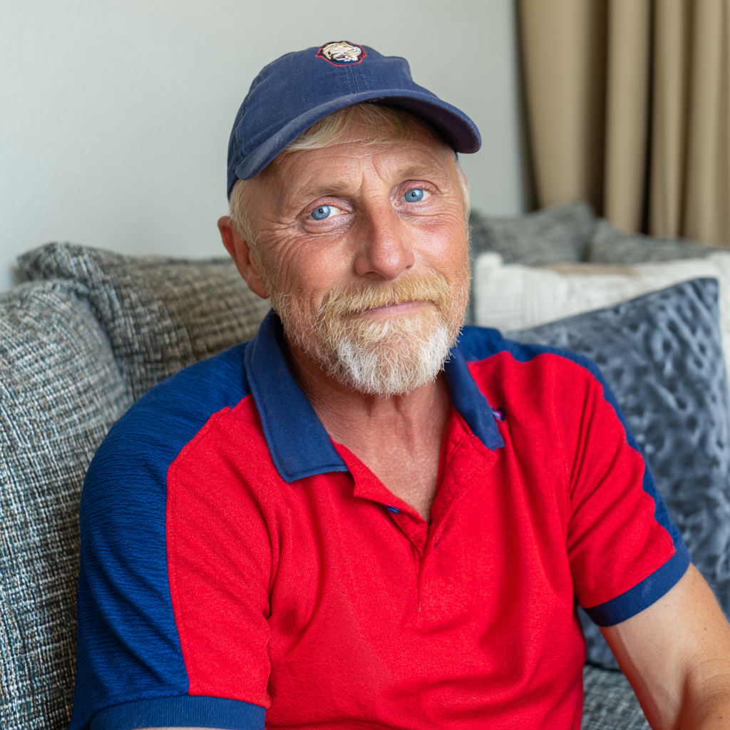Ein älterer Mann sitzt auf einer Couch | Quelle: Midjourney