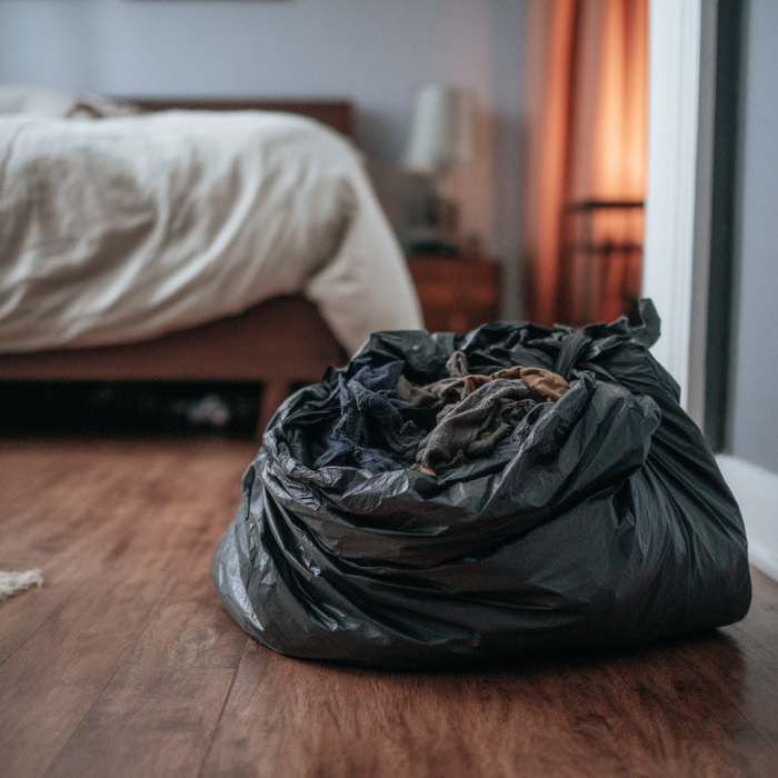 Ein Müllsack liegt auf dem Schlafzimmerboden | Quelle: Midjourney
