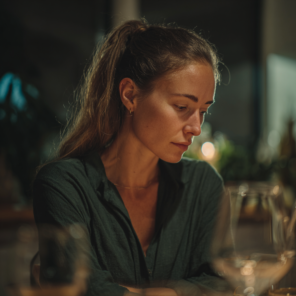 Eine Frau, die auf einen Tisch blickt | Quelle: Midjourney