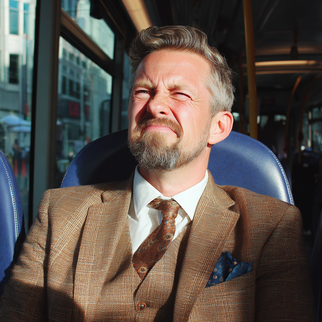 Ein grimassenschneidender Mann sitzt in einem Bus | Quelle: Midjourney