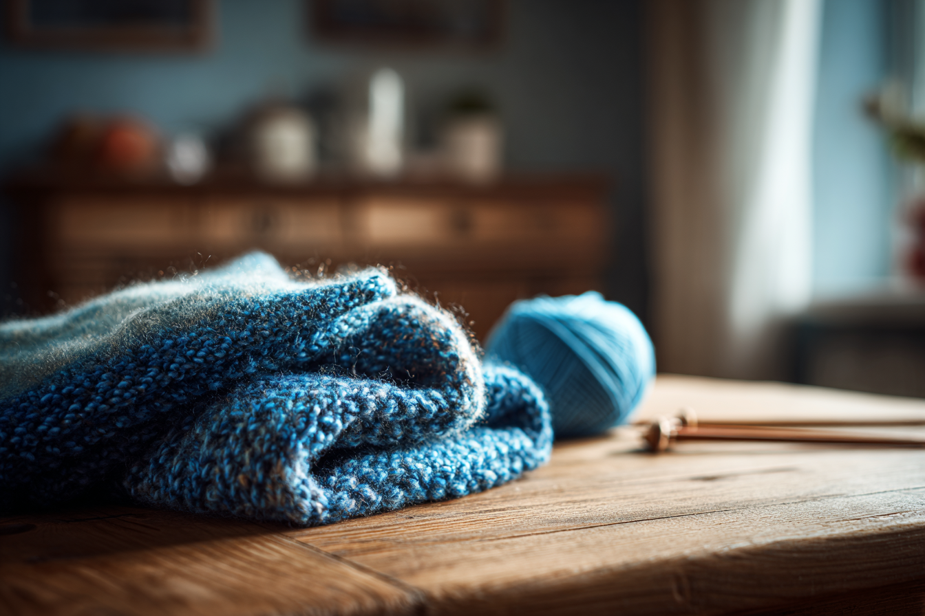 Ein gestrickter Schal auf einem Tisch | Quelle: Midjourney