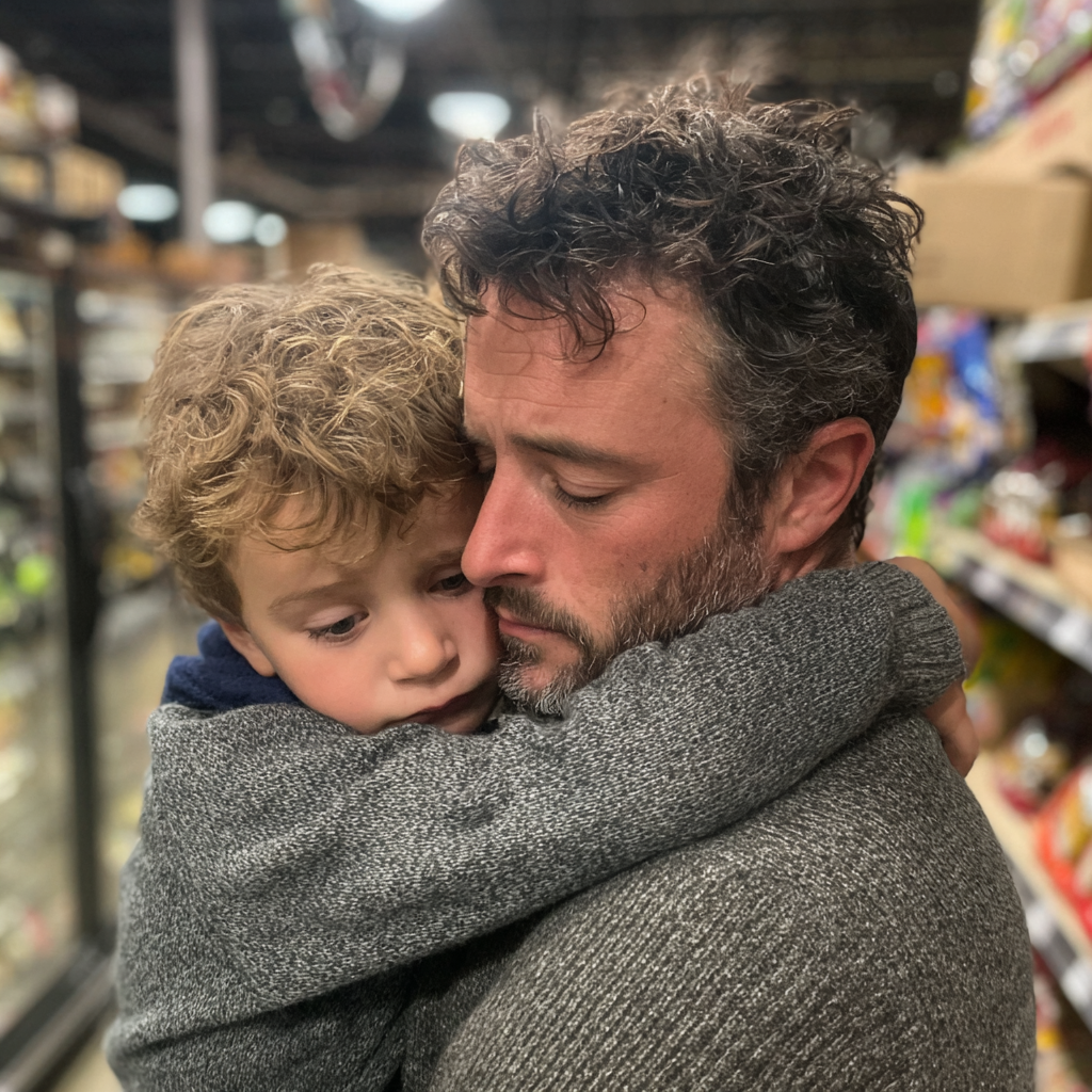 Ein emotionaler Mann hält seinen Sohn im Arm | Quelle: Midjourney