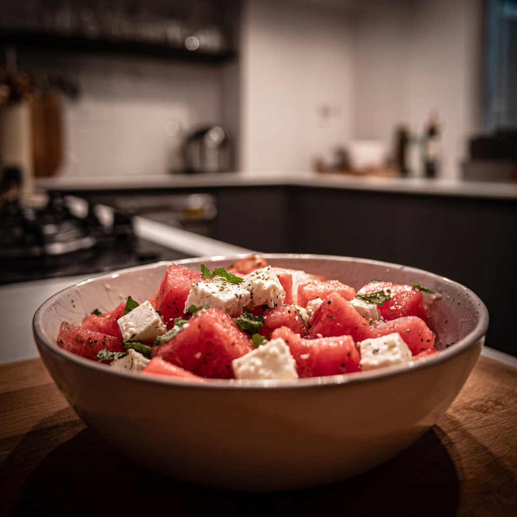 Eine Schüssel mit Feta- und Wassermelonensalat auf einer Küchentheke | Quelle: Midjourney