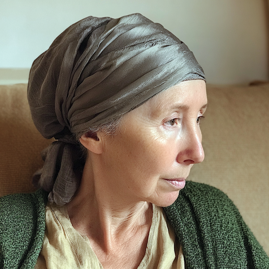 Eine kranke ältere Frau trägt eine grüne Strickjacke | Quelle: Midjourney