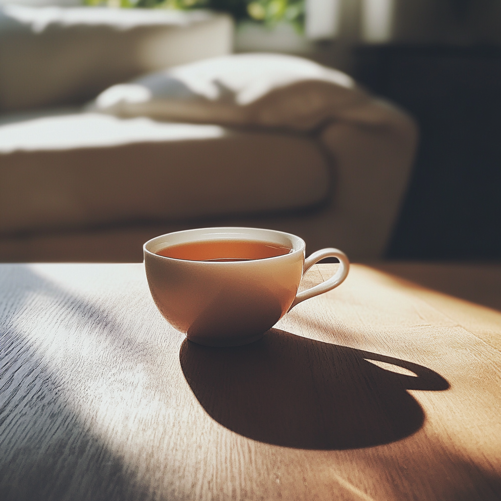 Eine Tasse Tee auf einem Kaffeetisch | Quelle: Midjourney