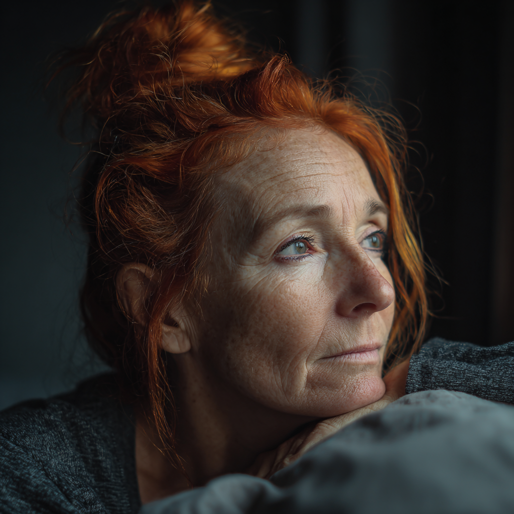 Eine kranke ältere Frau schaut aus dem Fenster | Quelle: Midjourney