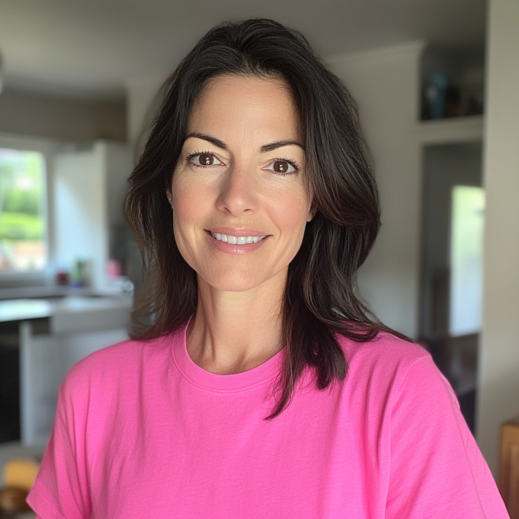 Eine lächelnde Frau mit einem rosa T-Shirt | Quelle: Midjourney