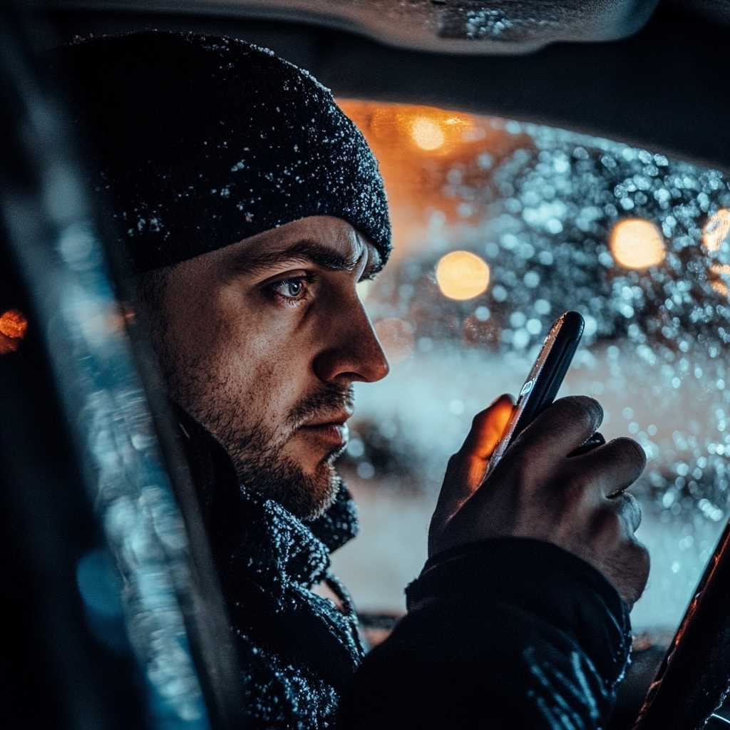 Ein ernster Mann, der mit seinem Telefon spricht | Quelle: Midjourney