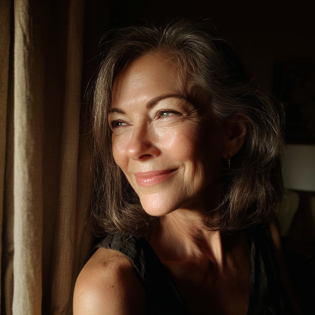 Eine lächelnde ältere Frau, die aus dem Fenster schaut | Quelle: Midjourney