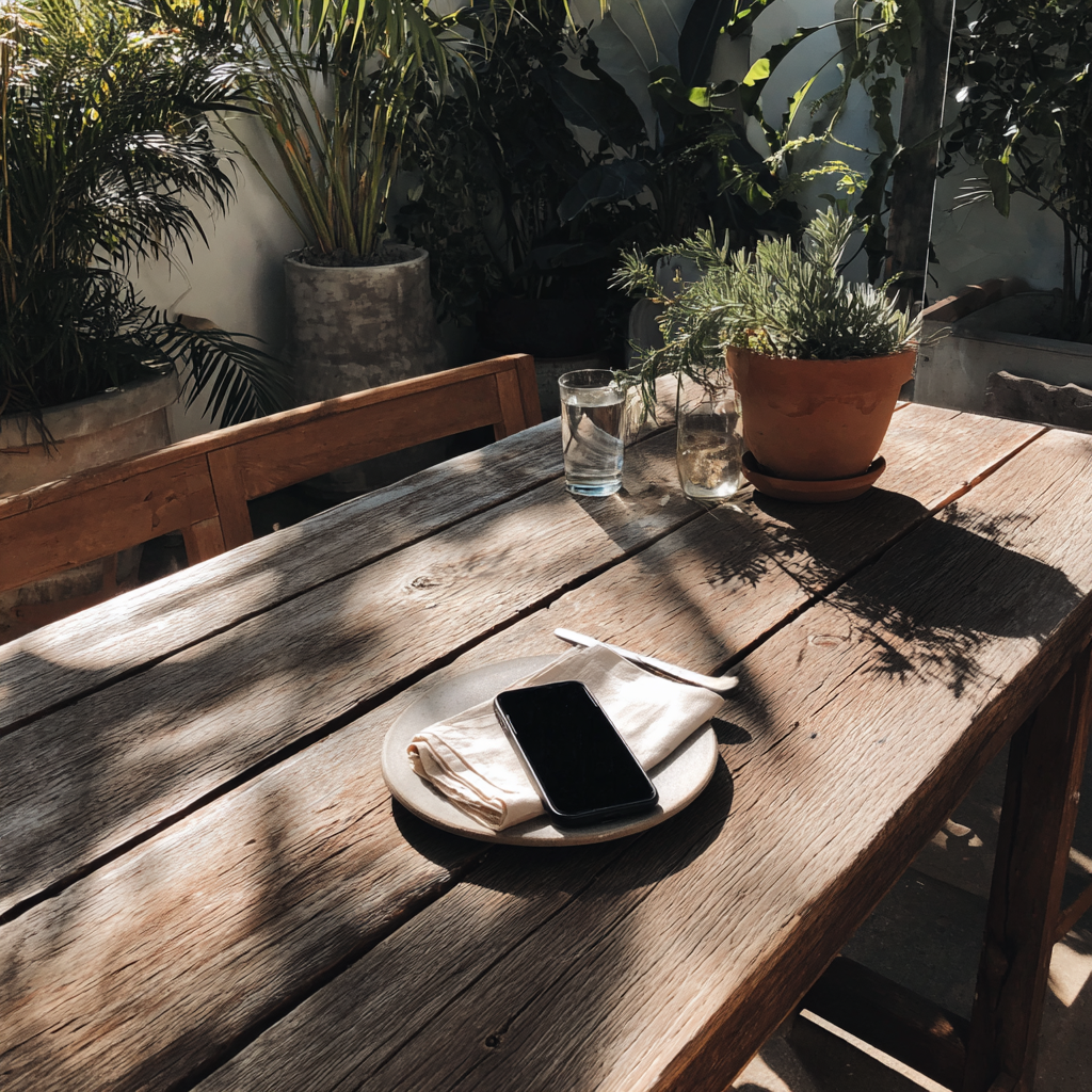 Ein Mobiltelefon auf einem Tisch im Freien | Quelle: Midjourney