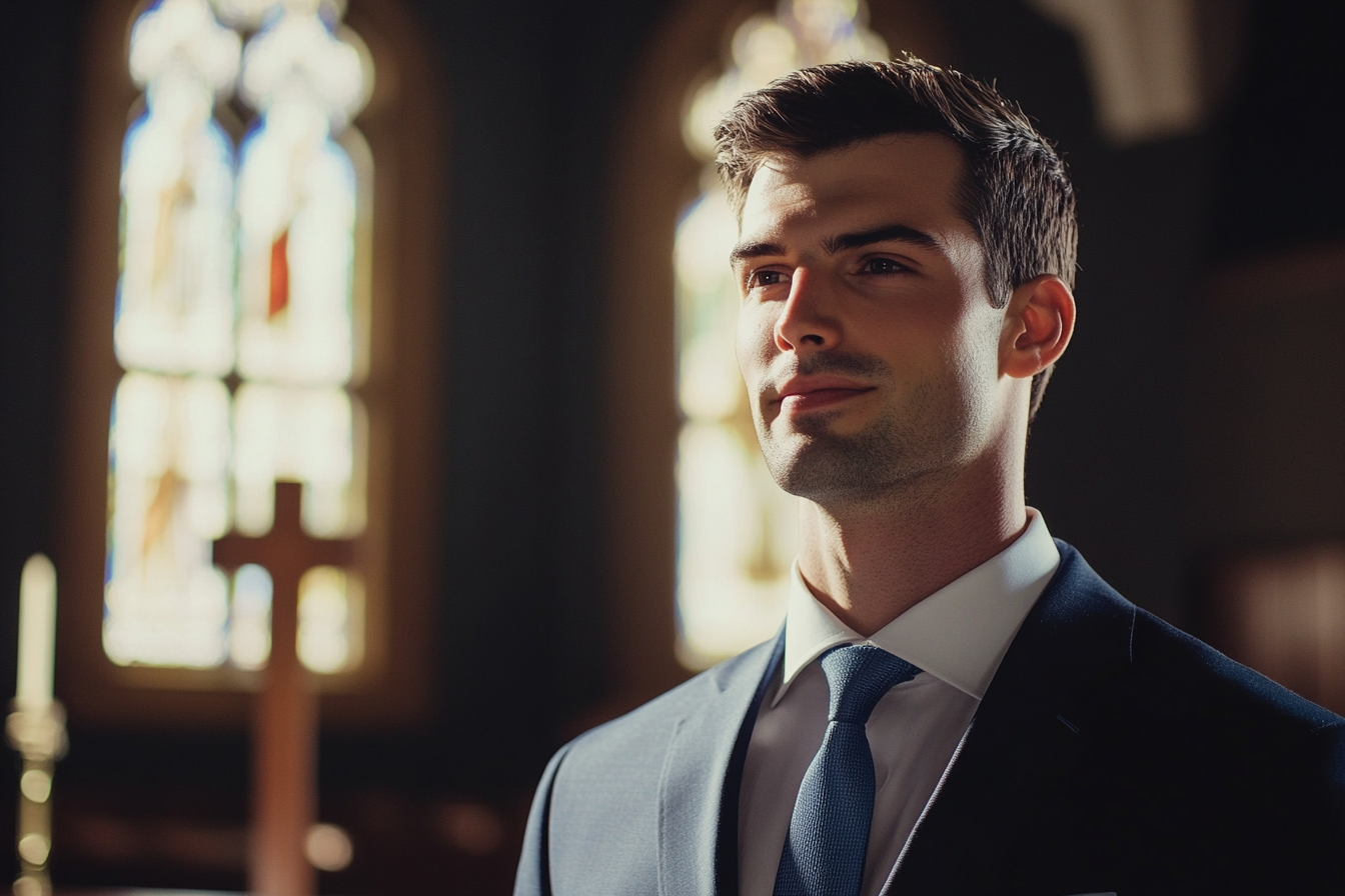 Ein Mann, der vor dem Altar steht | Quelle: Midjourney