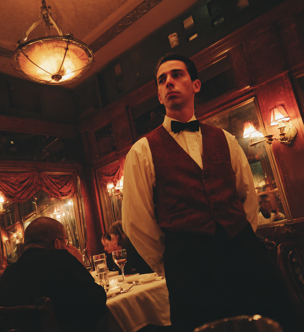 Ein Kellner steht in einem schummrigen Restaurant | Quelle: Midjourney