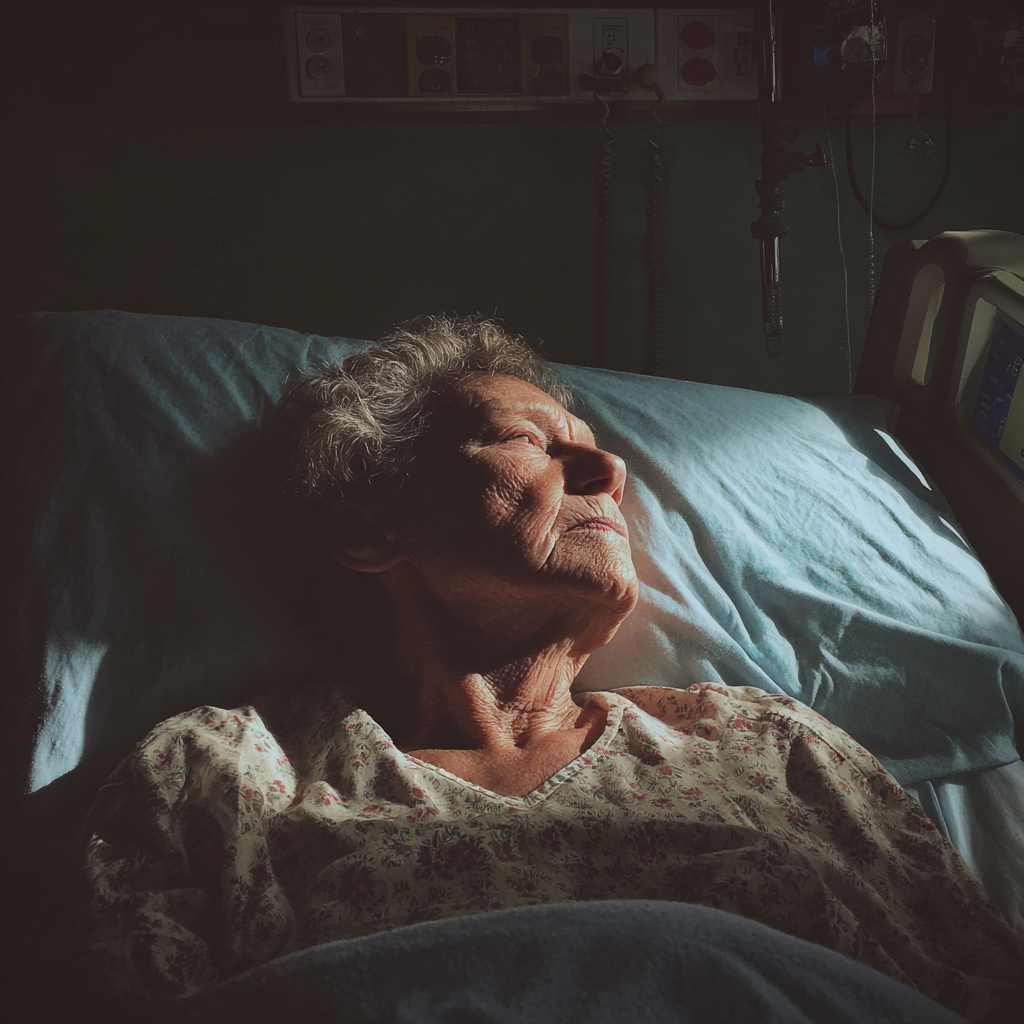 Eine alte Frau, die in einem Krankenhausbett liegt | Quelle: Midjourney