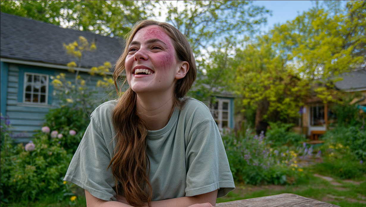 Ein Teenager-Mädchen, das lachend an einem Picknicktisch sitzt | Quelle: Midjourney