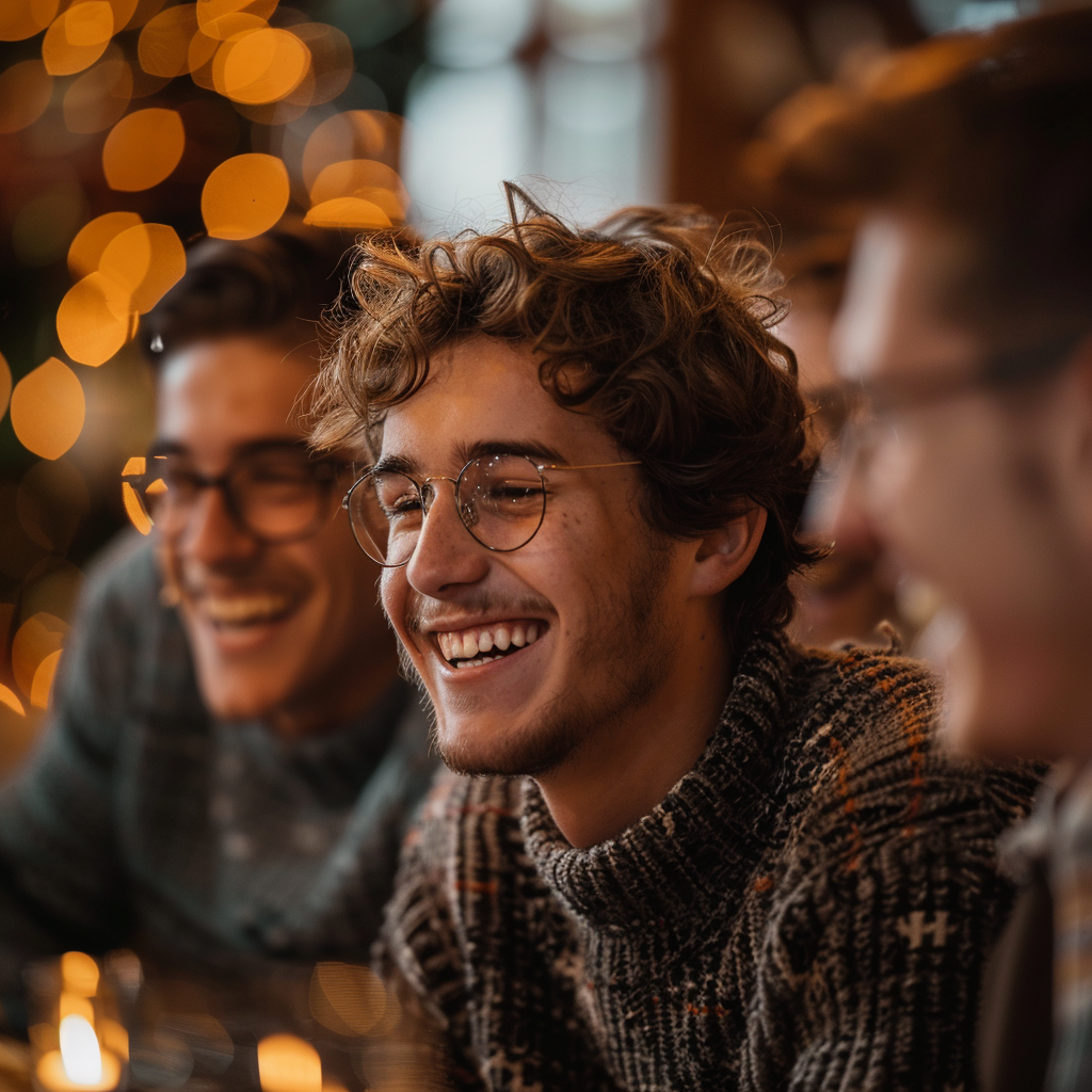 Eine Nahaufnahme von lachenden jungen Männern bei einem Weihnachtstreffen | Quelle: Midjourney