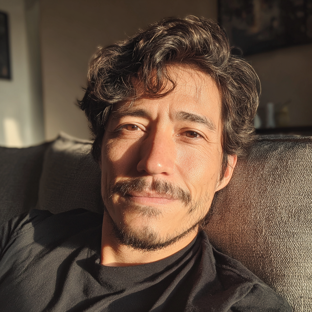 Ein Mann, der auf einer Couch sitzt und sanft lächelt | Quelle: Midjourney