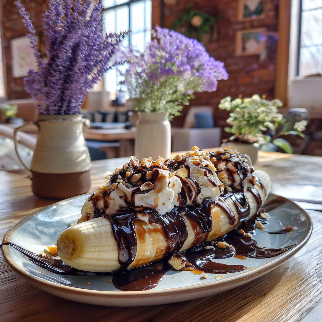 Ein Bananensplit auf einem Tisch | Quelle: Midjourney