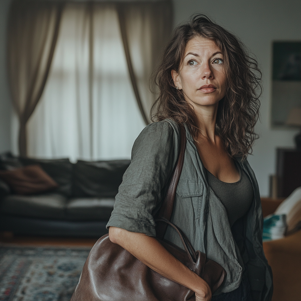 Eine verdächtige Frau mit einer Ledertasche | Quelle: Midjourney