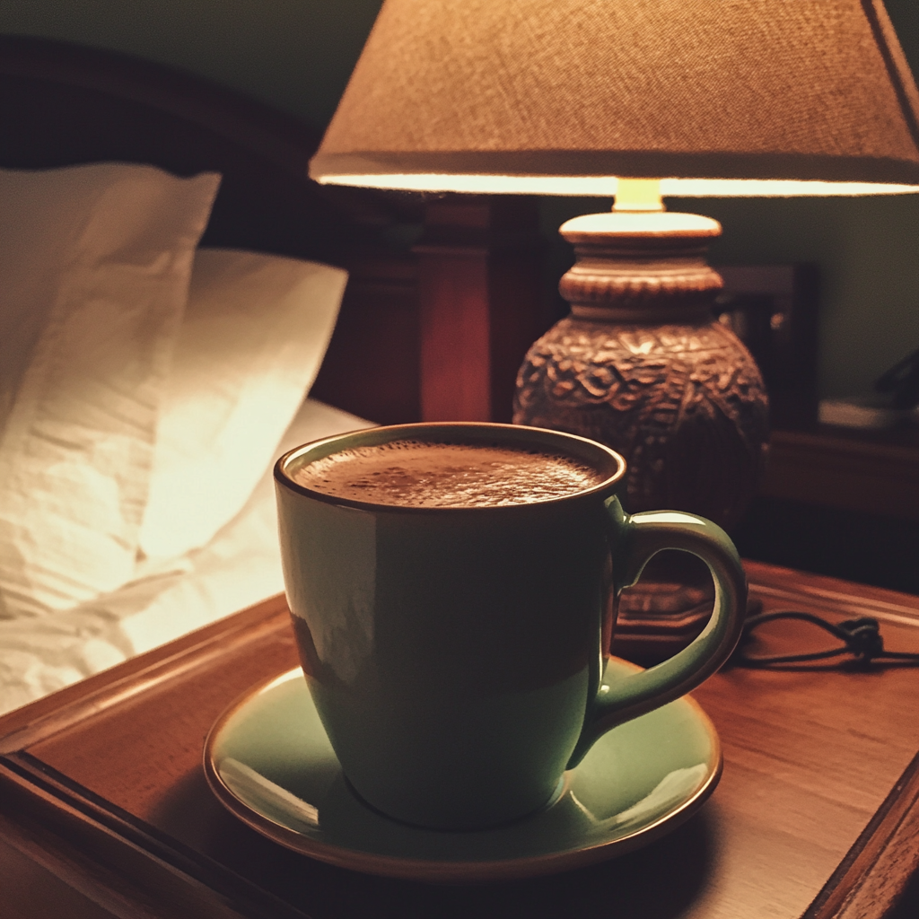 Ein Becher mit heißer Schokolade auf einem Nachttisch | Quelle: Midjourney