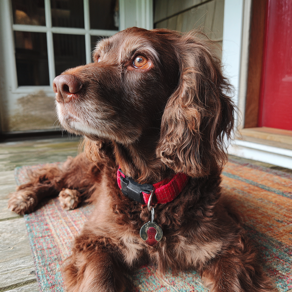 Ein Hund, der auf einem Teppich sitzt | Quelle: Midjourney