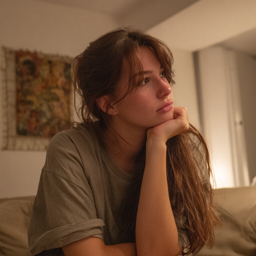 Eine emotionale Frau, die auf einer Couch sitzt | Quelle: Midjourney