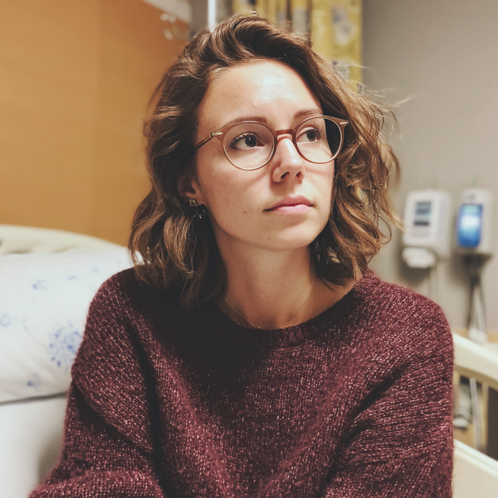 Eine Frau, die in einem Krankenhauszimmer sitzt | Quelle: Midjourney