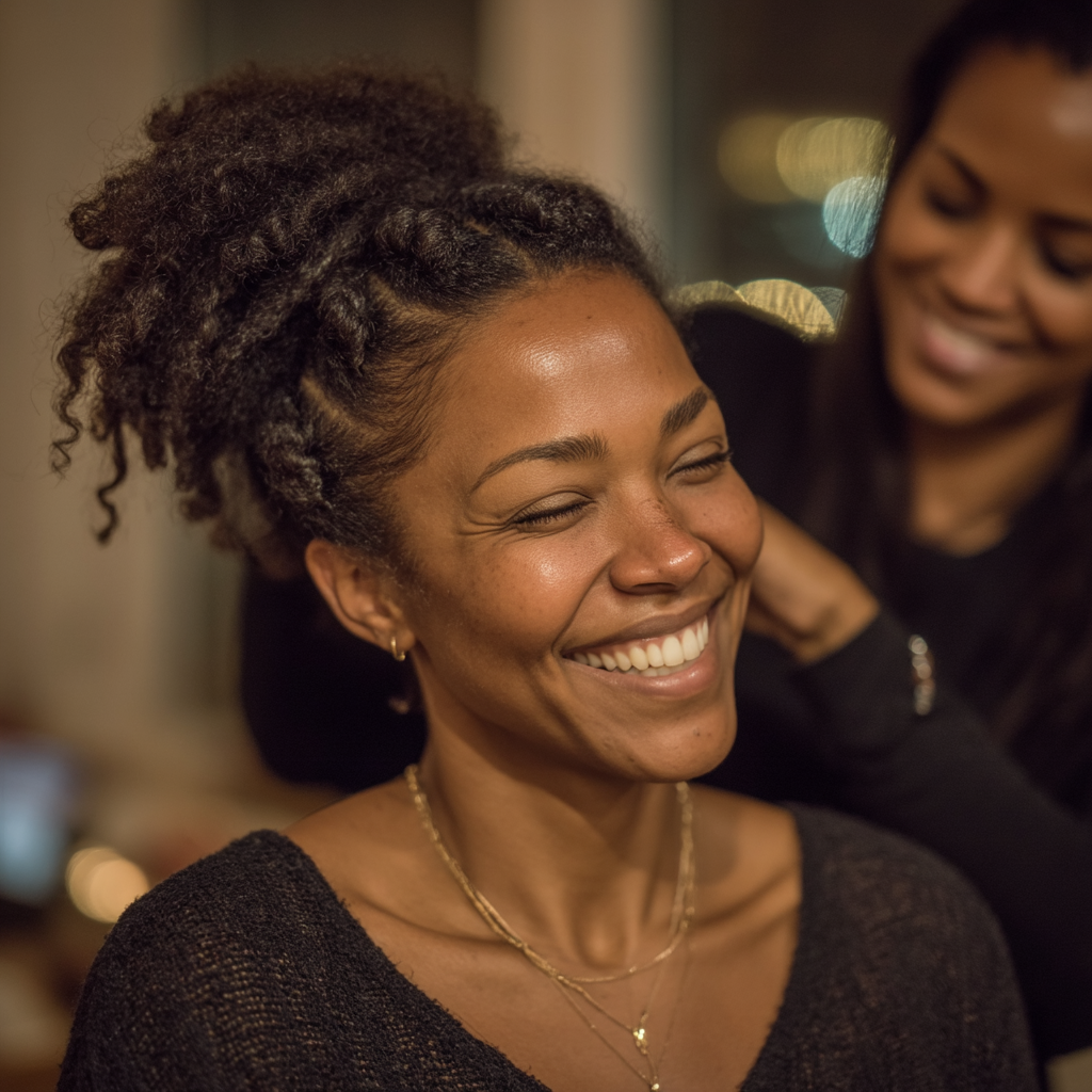 Eine glückliche Frau, die sich die Haare machen lässt | Quelle: Midjourney