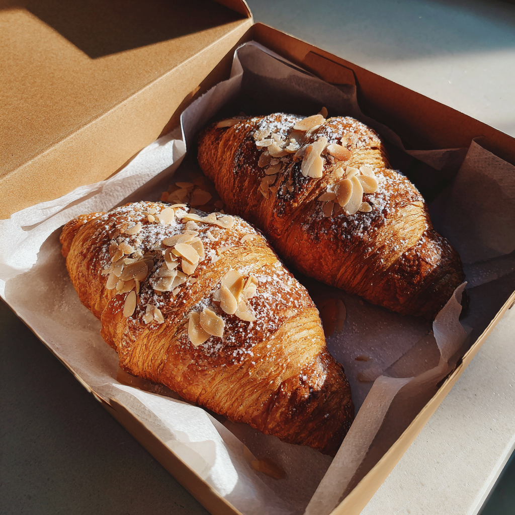 Zwei Mandelcroissants in einer Bäckerei-Box | Quelle: Midjourney