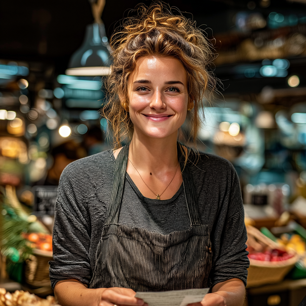 Eine glückliche Kassiererin mit etwas in der Hand | Quelle: Midjourney