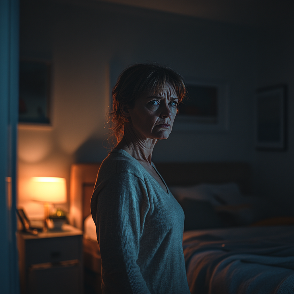 Eine wütende reife Frau in ihrem Schlafzimmer | Quelle: Midjourney
