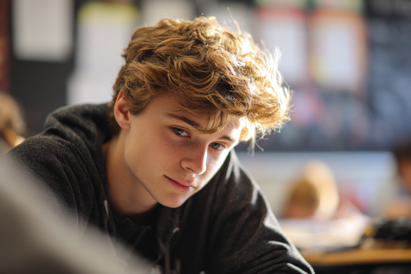 Ein Junge, der in einem Klassenzimmer sitzt und nach unten schaut | Quelle: Midjourney
