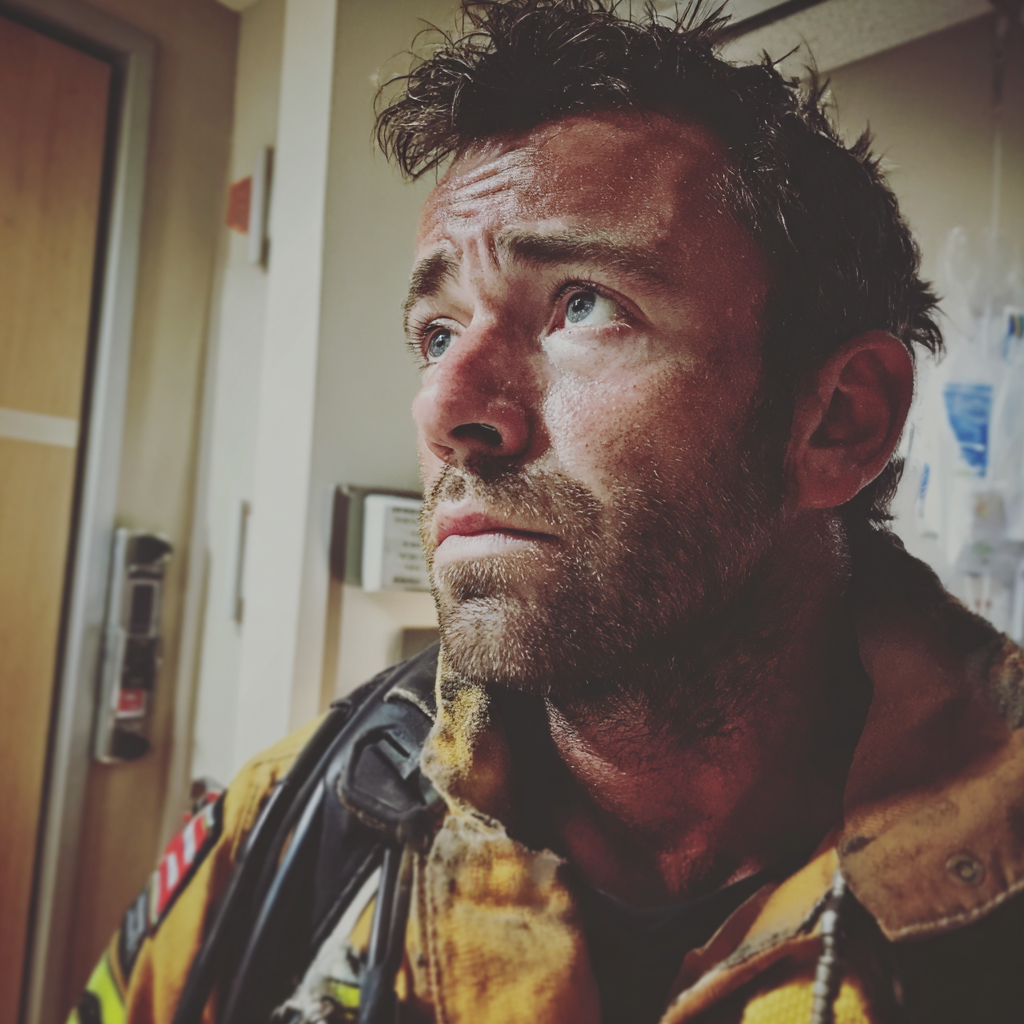 Ein besorgter Feuerwehrmann steht in einem Krankenhauszimmer | Quelle: Midjourney