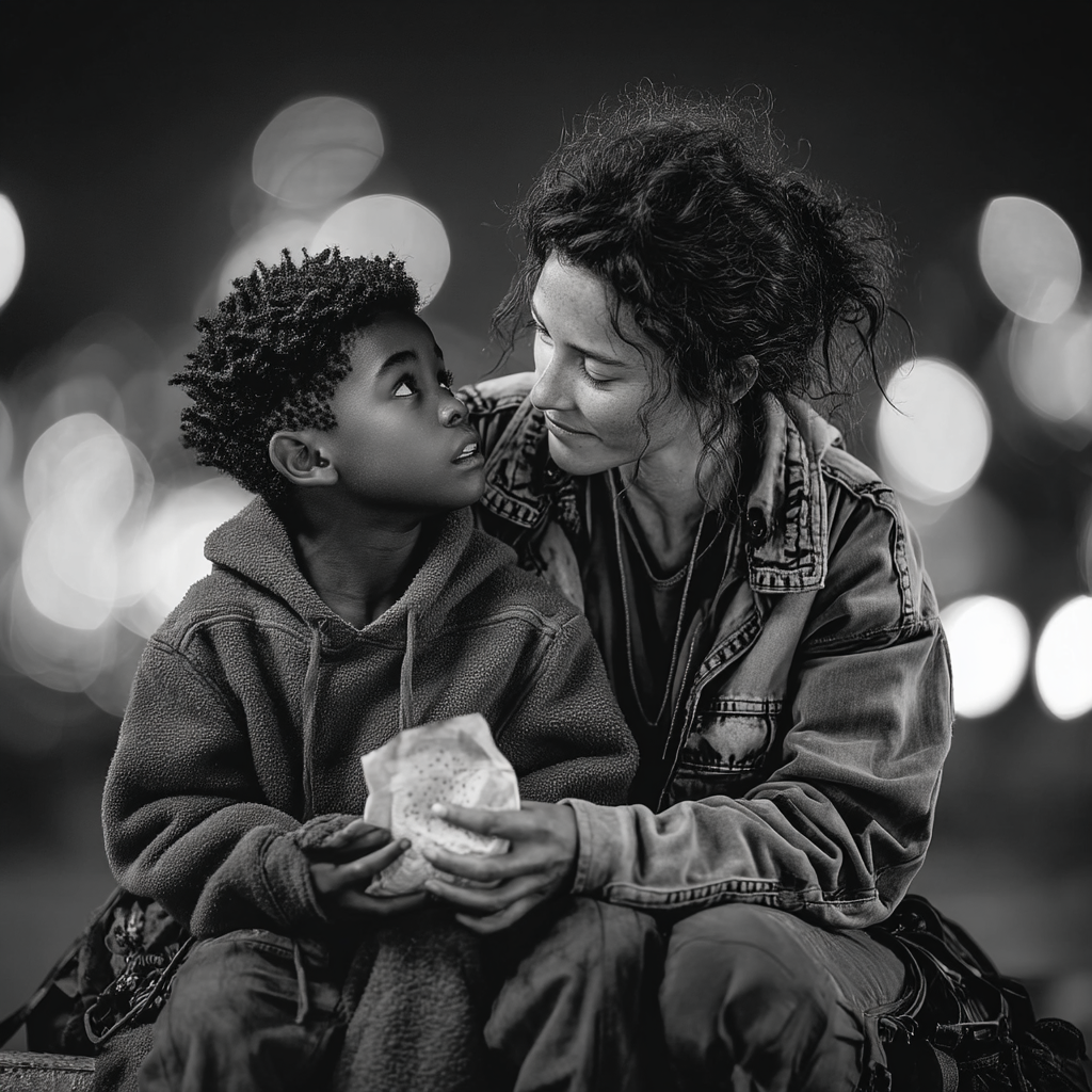 Eine Frau sitzt mit einem Kind im Freien | Quelle: Midjourney