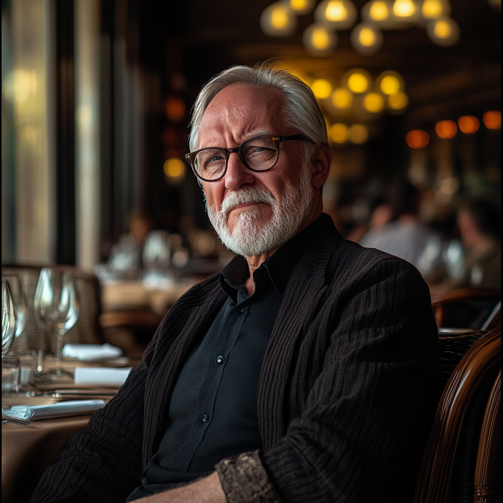 Ein älterer Mann schaut wütend, während er in einem gehobenen Restaurant sitzt | Quelle: Midjourney